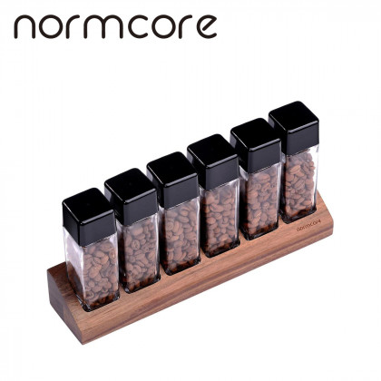 Coffee Bean Cellars (6 glass tubes), Walnut Stand - Transparent 